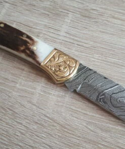 Damascus Stag Engraved Bolster -Pocket Knives sales damascus stag engraved bolster . .