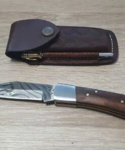 Set Damascus Lockback leather sheath and Sharpener