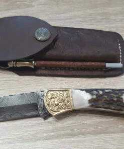 Set Damascus Stag Engraved Bolster leather sheath and Sharpener